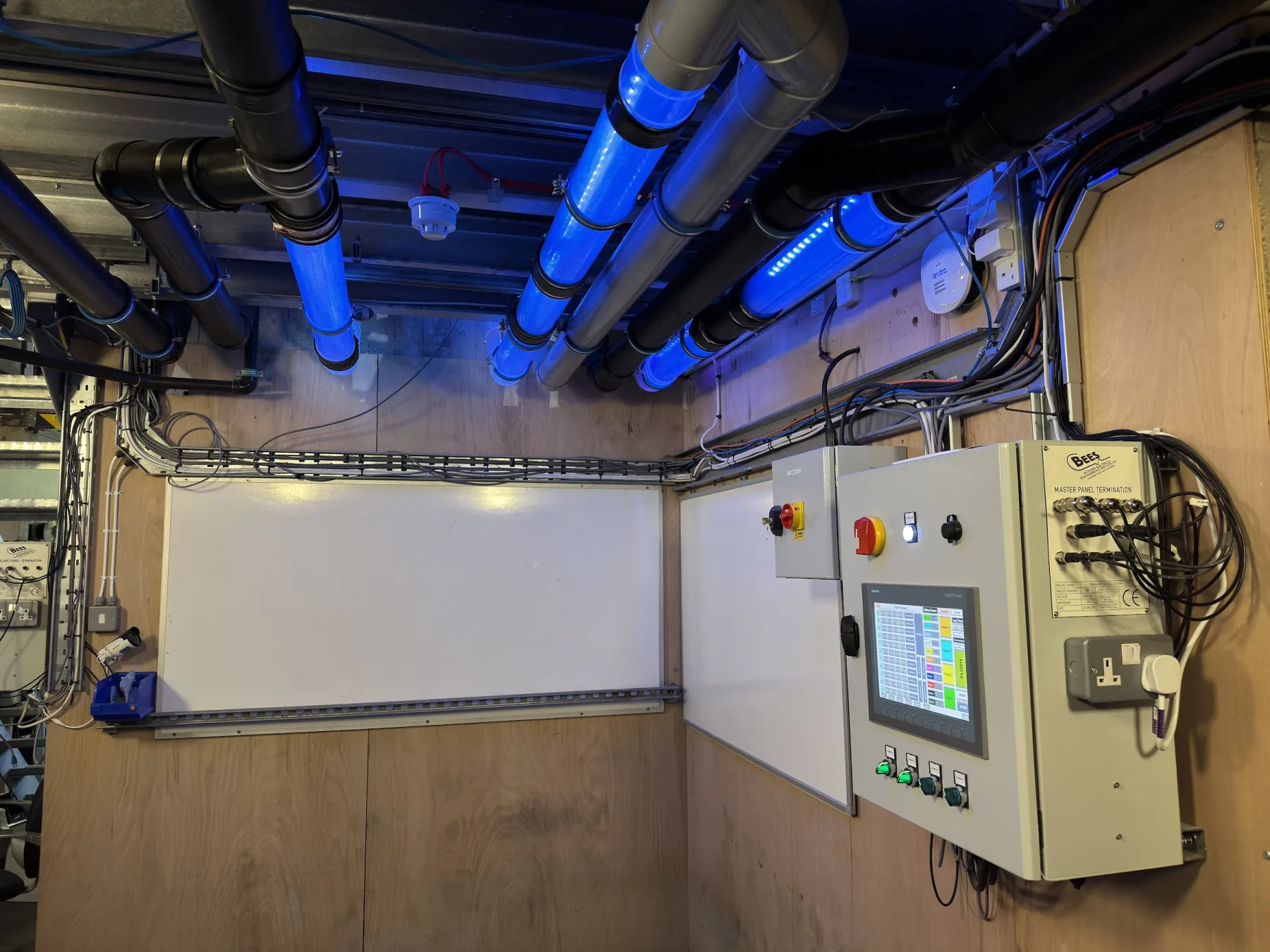 PLC control panel and pipework at the National Lift Tower drainage testing facility