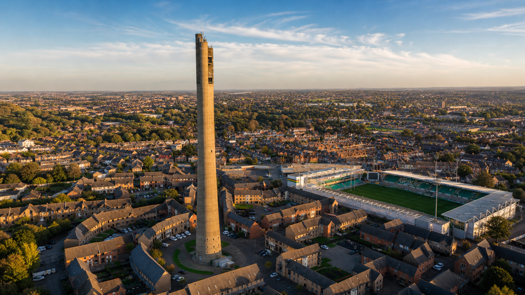 Aerial view of the National Lift Tower in Northampton